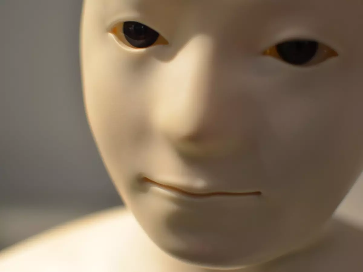 A close-up of a robot's face, showing detailed features and realistic expressions.