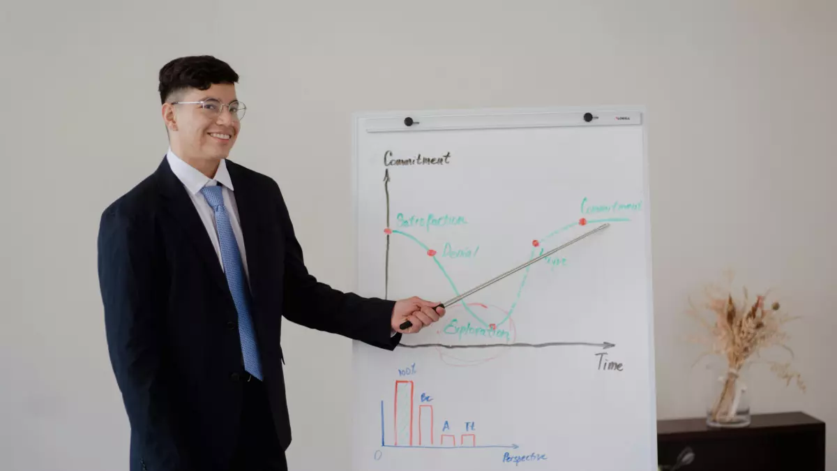 A man in a suit stands in front of a whiteboard, pointing at a graph with a stick, explaining data related to a project.