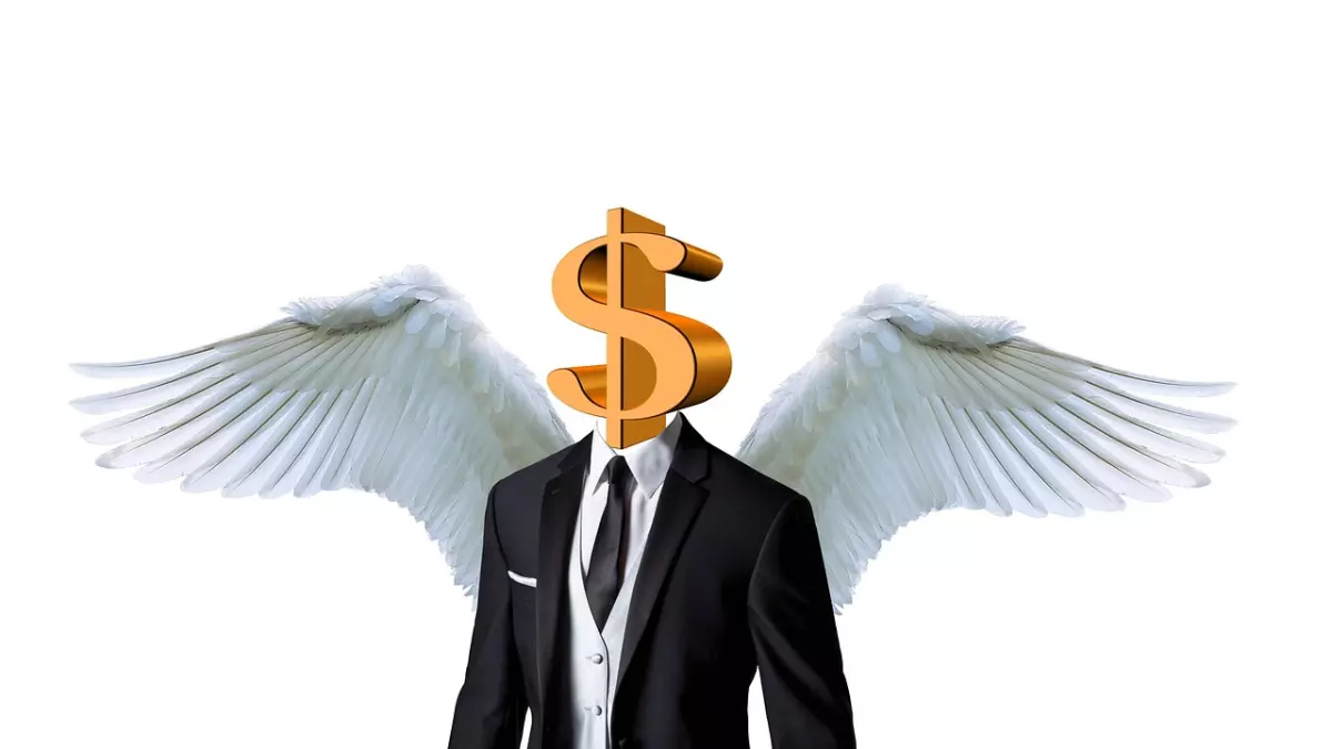 A man in a suit with a dollar sign for a head and angel wings.