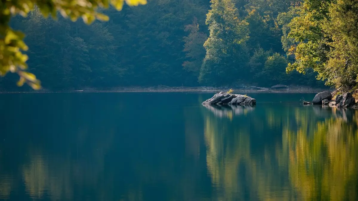 A tranquil lake with a solitary rock in the middle. The water is still and reflects the surrounding trees and sky. The image is serene and peaceful.