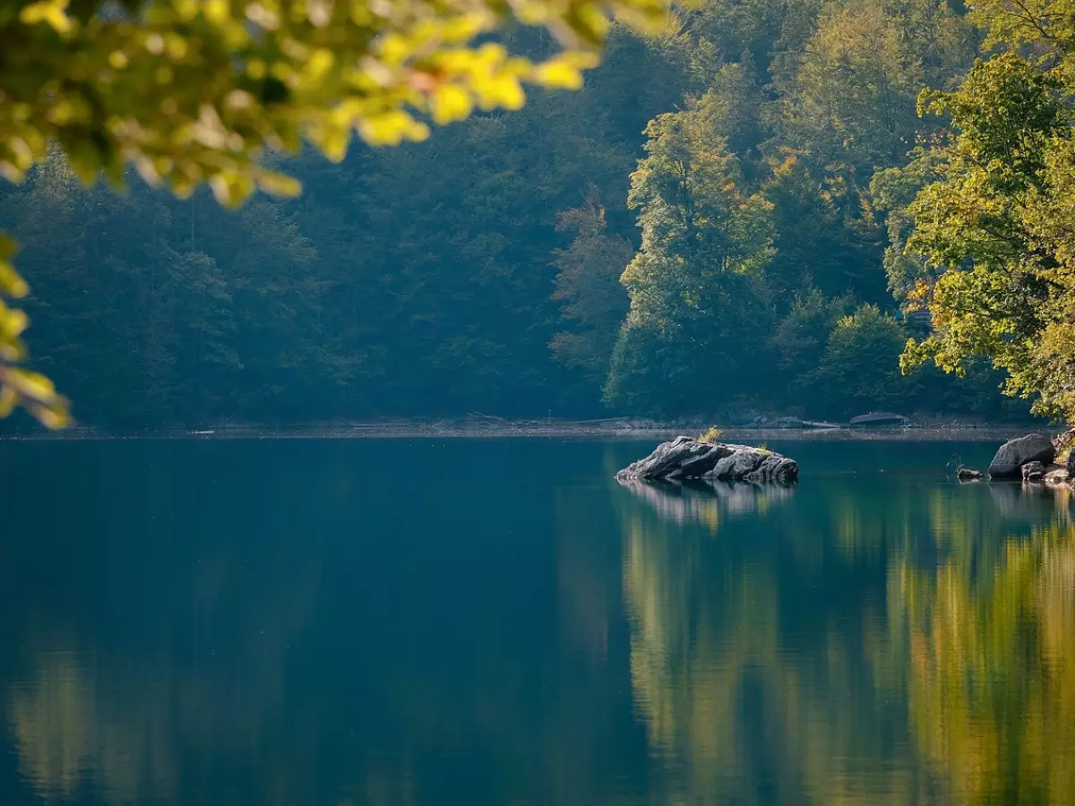 A tranquil lake with a solitary rock in the middle. The water is still and reflects the surrounding trees and sky. The image is serene and peaceful.