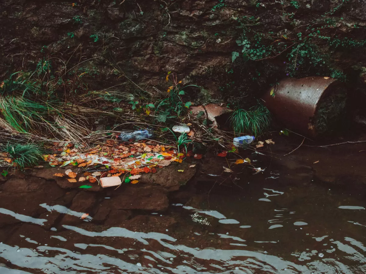 A close-up shot of a stream polluted with trash, including plastic bottles, cans, and other waste, highlighting the environmental damage.