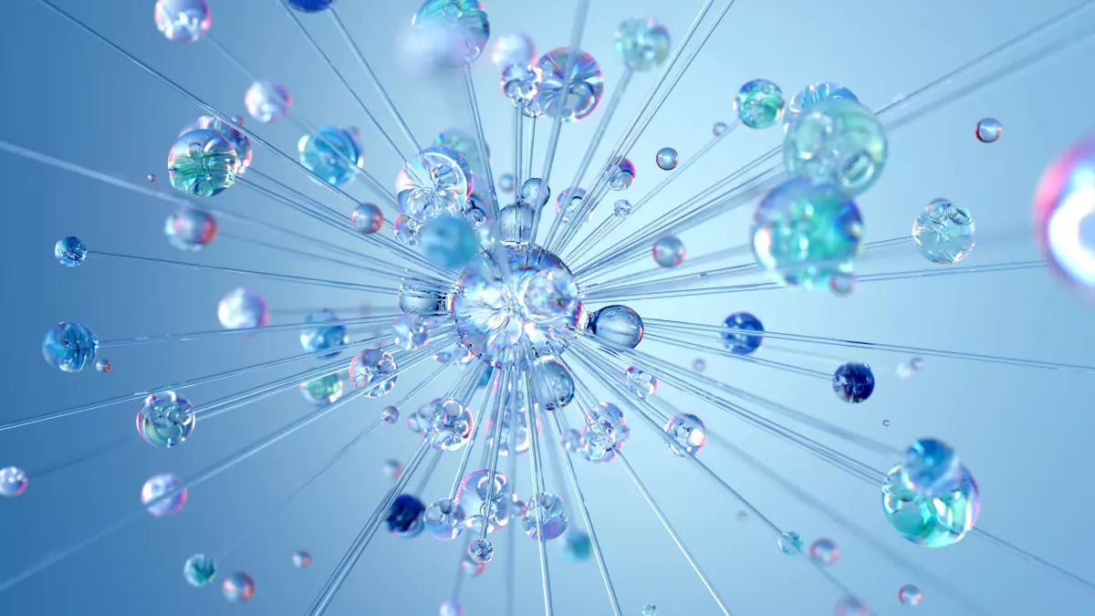 A blue background with a central sphere surrounded by many smaller spheres, with light rays emanating outward.