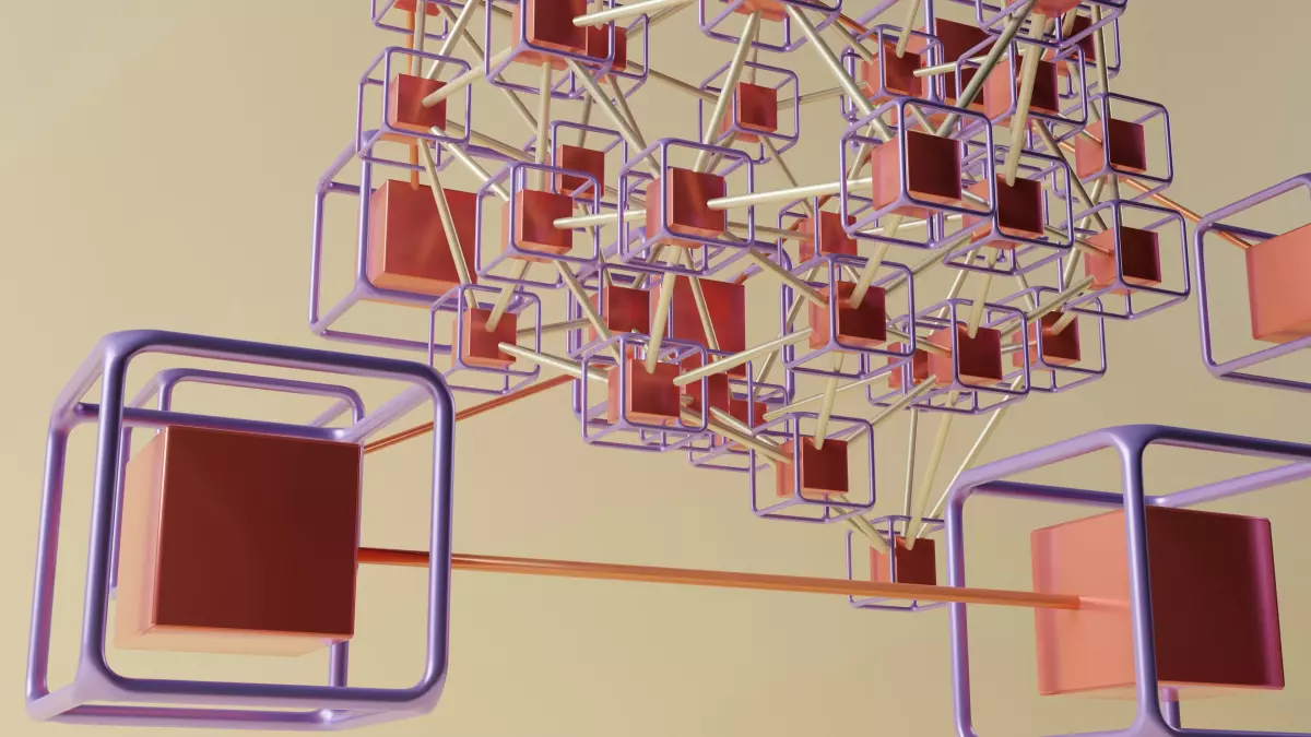 Abstract 3D rendering of interconnected cubes, symbolizing the network of blockchain nodes.