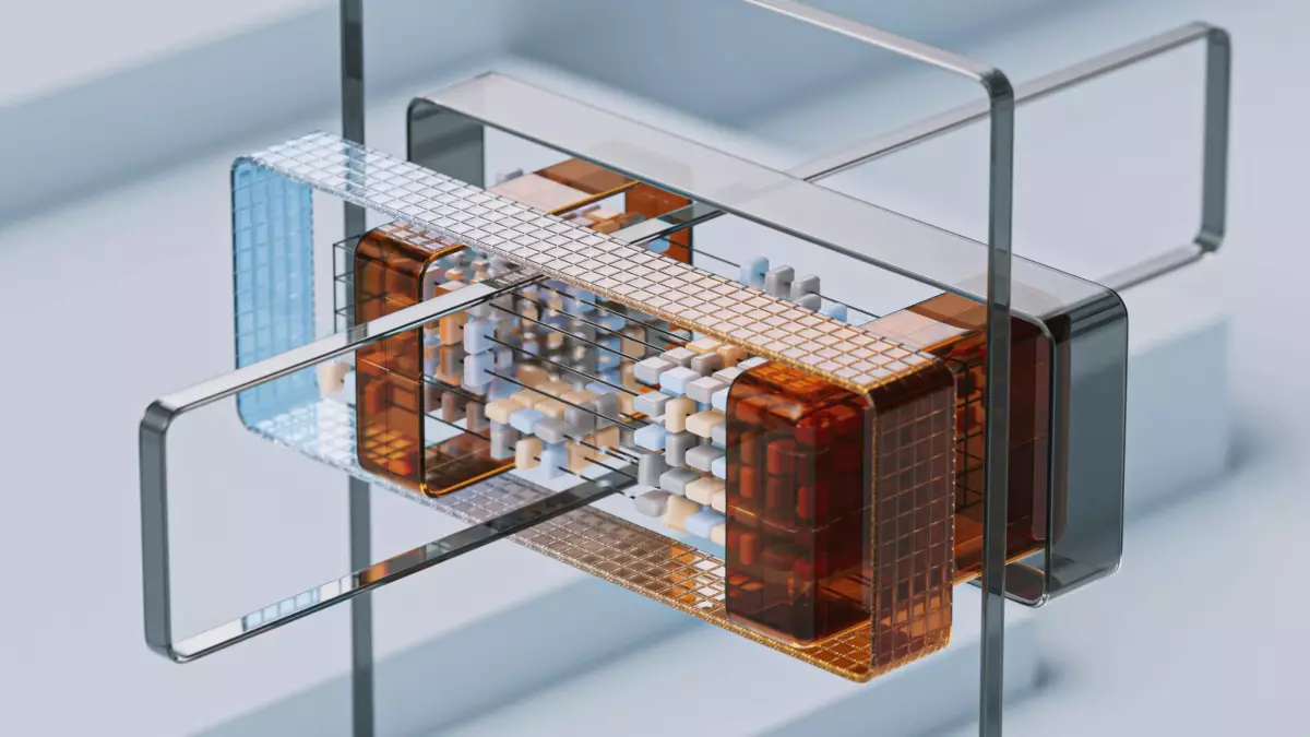 Abstract 3D rendering showing an architectural model with intersecting transparent planes, revealing an inner structure.