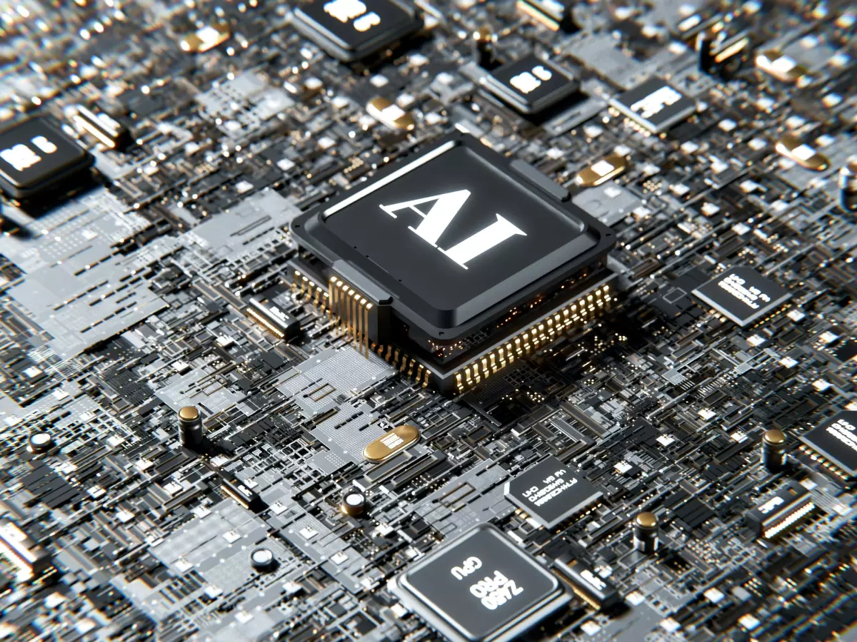 A close-up of a circuit board with a black chip labeled 'AI' in the center.