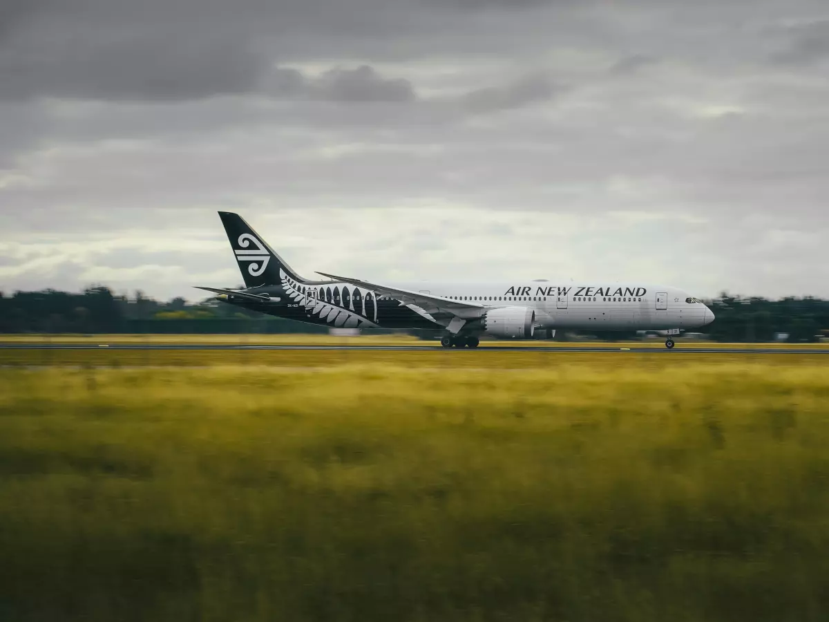 A plane landing on a grassy runway, with a cloudy sky in the background.