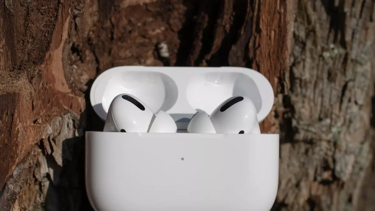 Close-up photo of a pair of white Apple AirPods in a charging case. The case is open and the AirPods are visible. The background is a tree trunk.