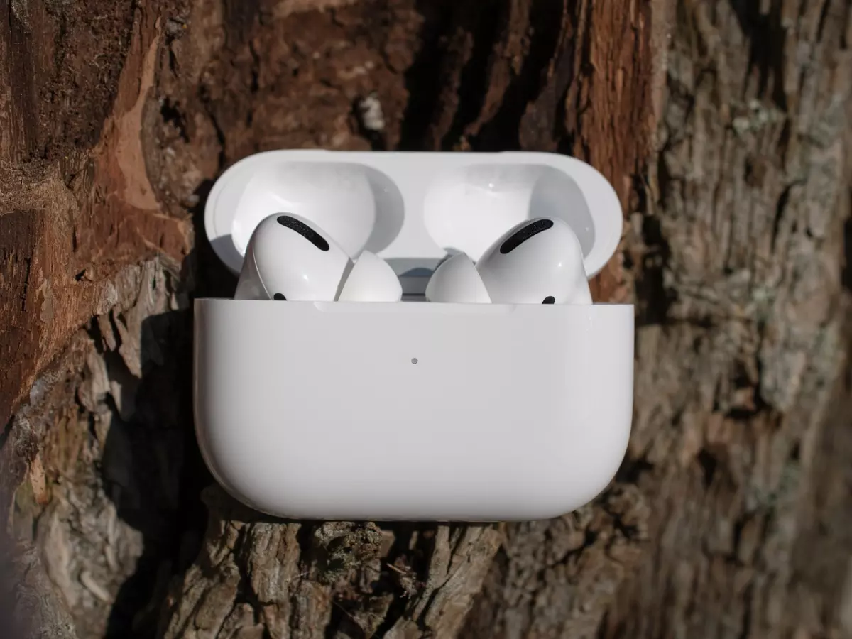 Close-up photo of a pair of white Apple AirPods in a charging case. The case is open and the AirPods are visible. The background is a tree trunk.