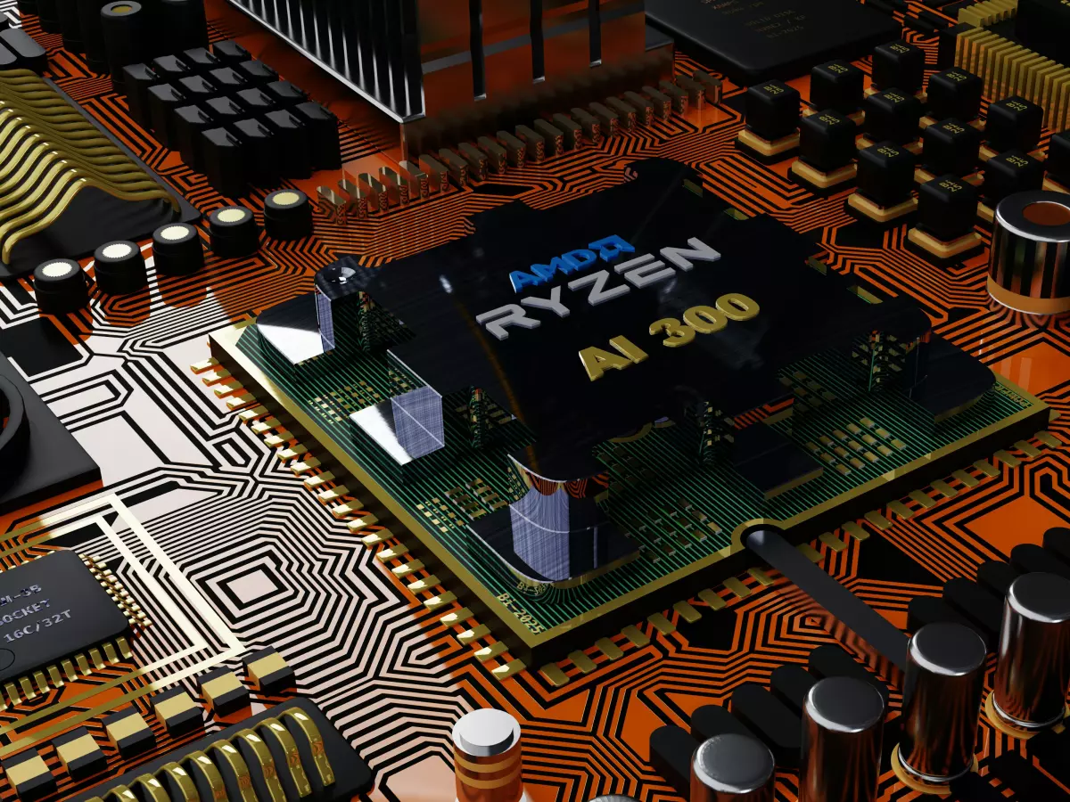 Close-up shot of a computer processor with the label 'AMD Ryzen AI 300' on a motherboard.