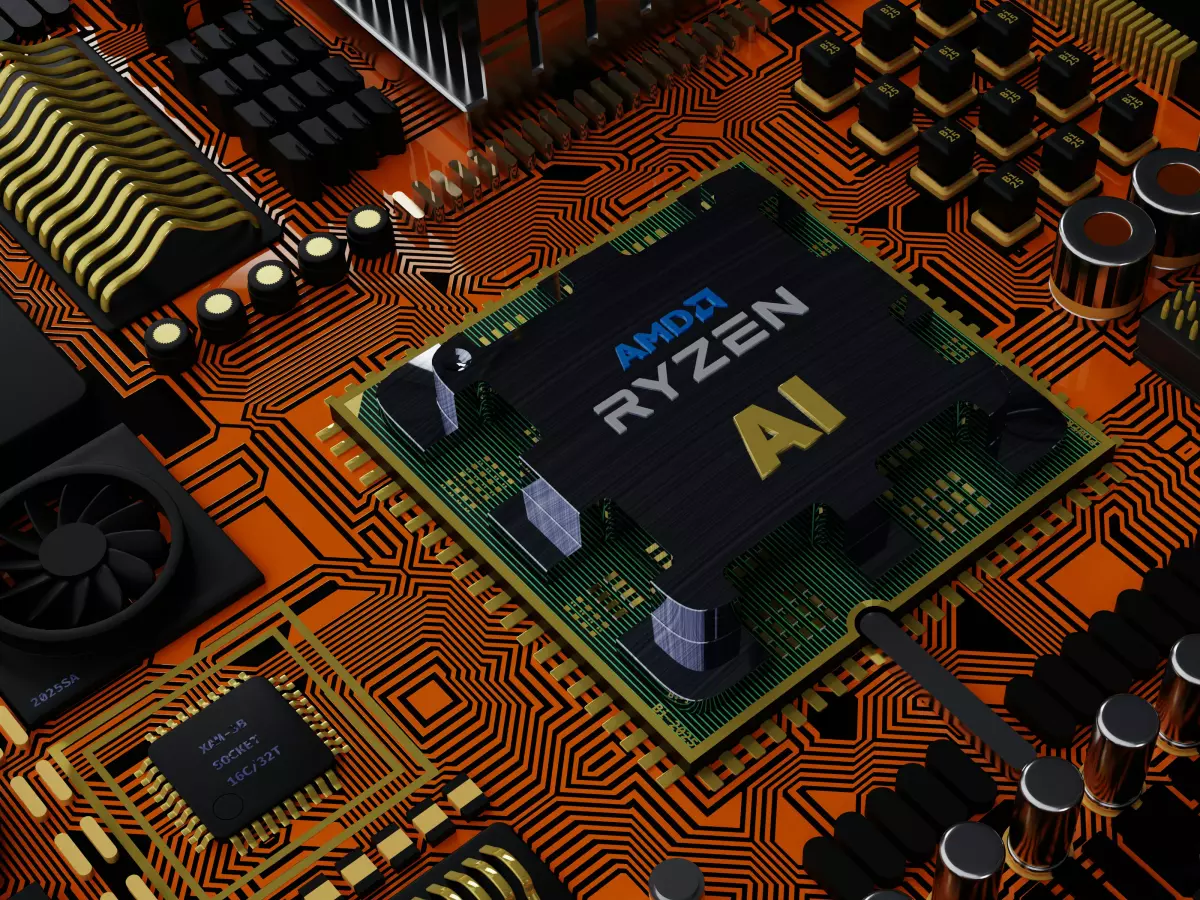 A close-up shot of a computer chip on a motherboard. The chip has "AMD Ryzen AI" written on it.