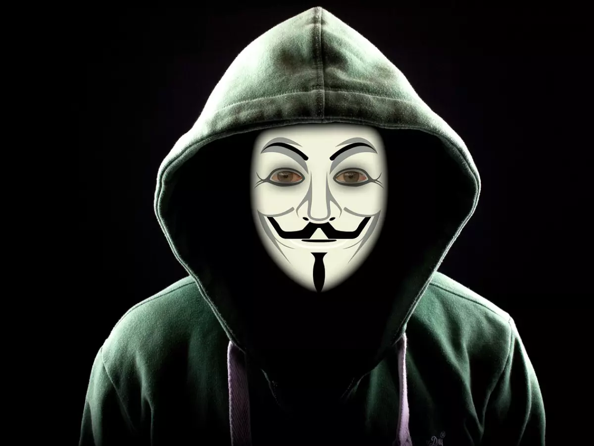 A person wearing an Anonymous mask and a green hoodie.