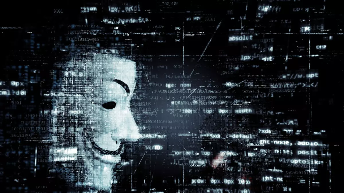 A dark background with white digital code in the form of a blurry digital grid, with a mask of the Anonymous hacker in the center, in grayscale, with the shape of the mask clearly visible.