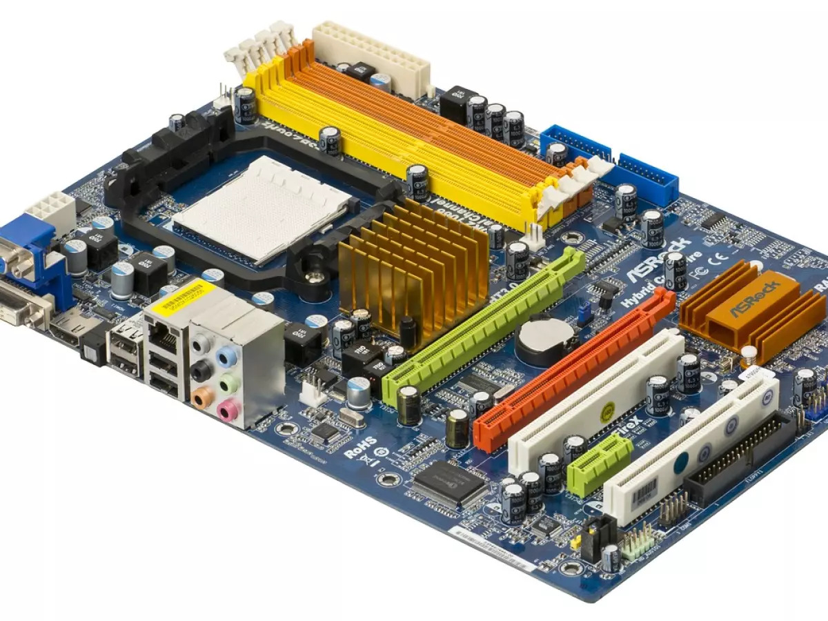 A close-up shot of a motherboard with multiple PCI-e slots and other components. It's a high-definition image with a bright white background.