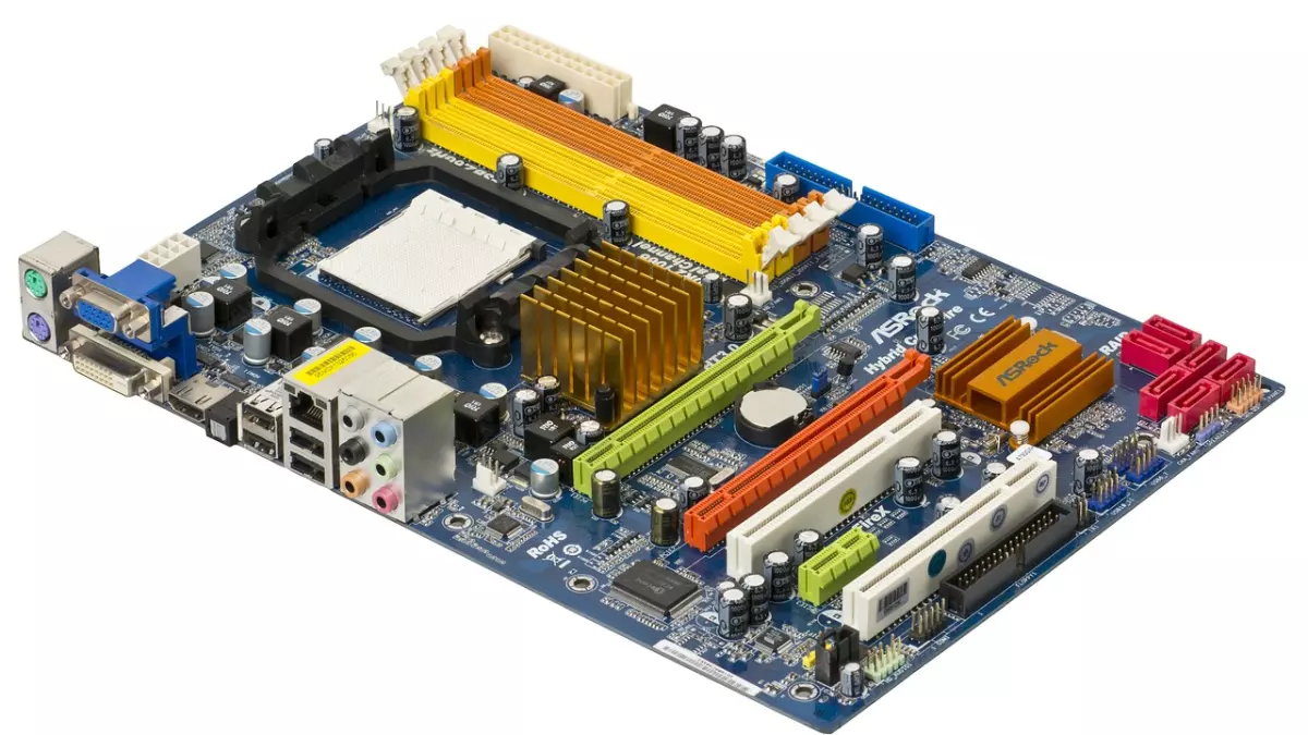 A close-up shot of a motherboard with multiple PCI-e slots and other components. It