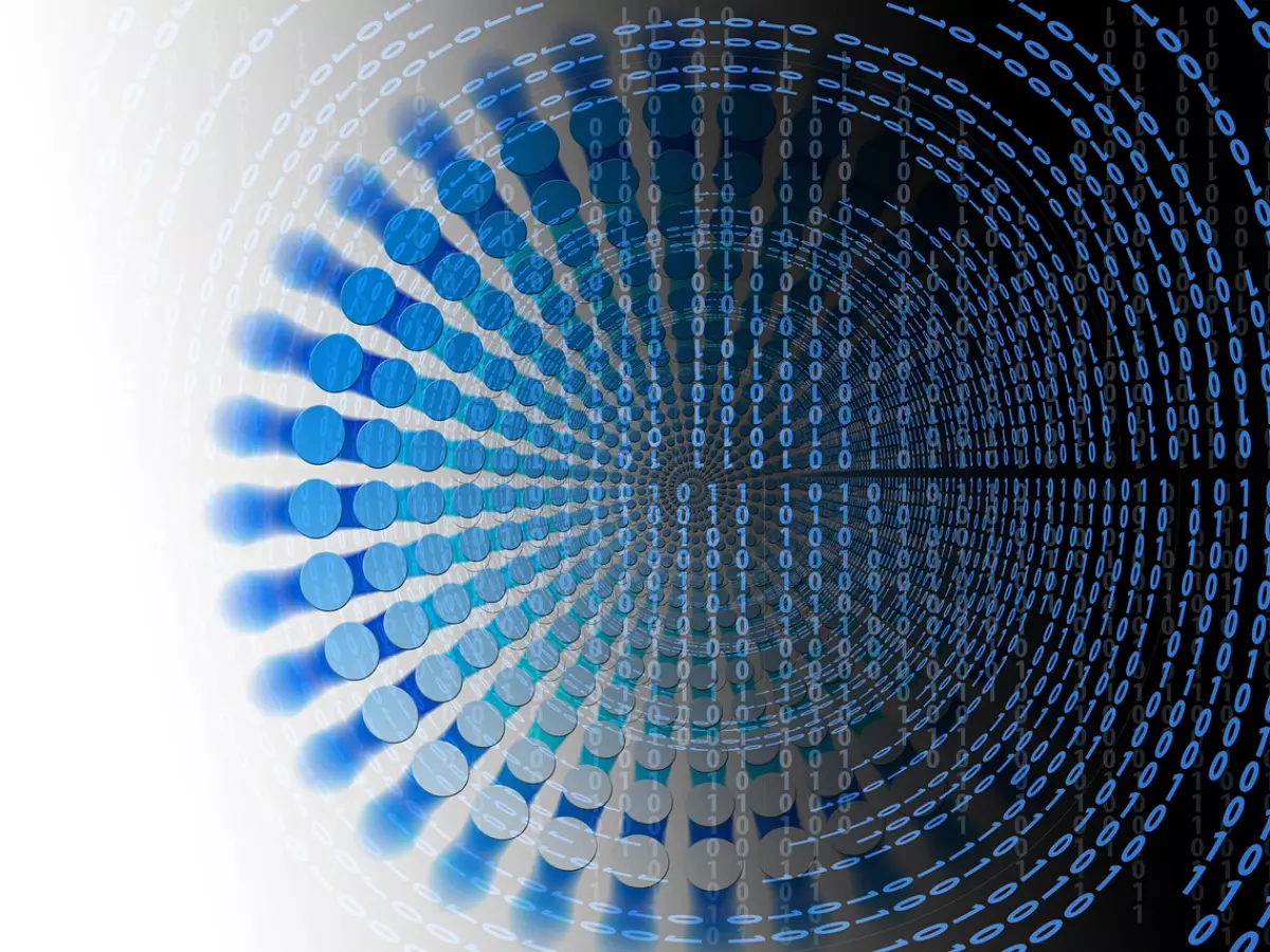 Abstract representation of data with binary code and a spiraling design.