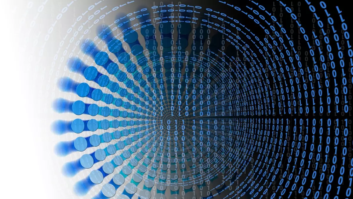 Abstract representation of data with binary code and a spiraling design.