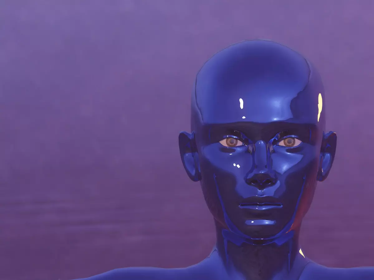 A close-up portrait of a humanoid robot with a blue metallic body and human-like features. The robot's eyes are wide open, and its expression is enigmatic. The background is a hazy, purple-blue mist.