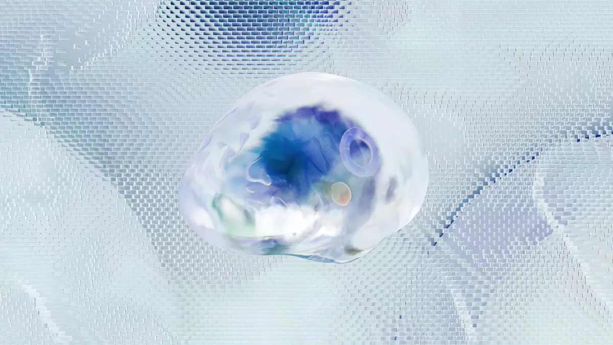 A close-up image of a small, translucent sphere with a swirling pattern of blue, green, and white, seemingly trapped within a net-like structure.