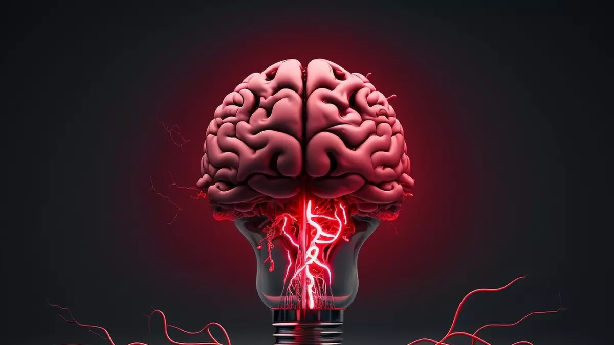 A human brain model inside a light bulb, with electric wires connected to it, on a dark background