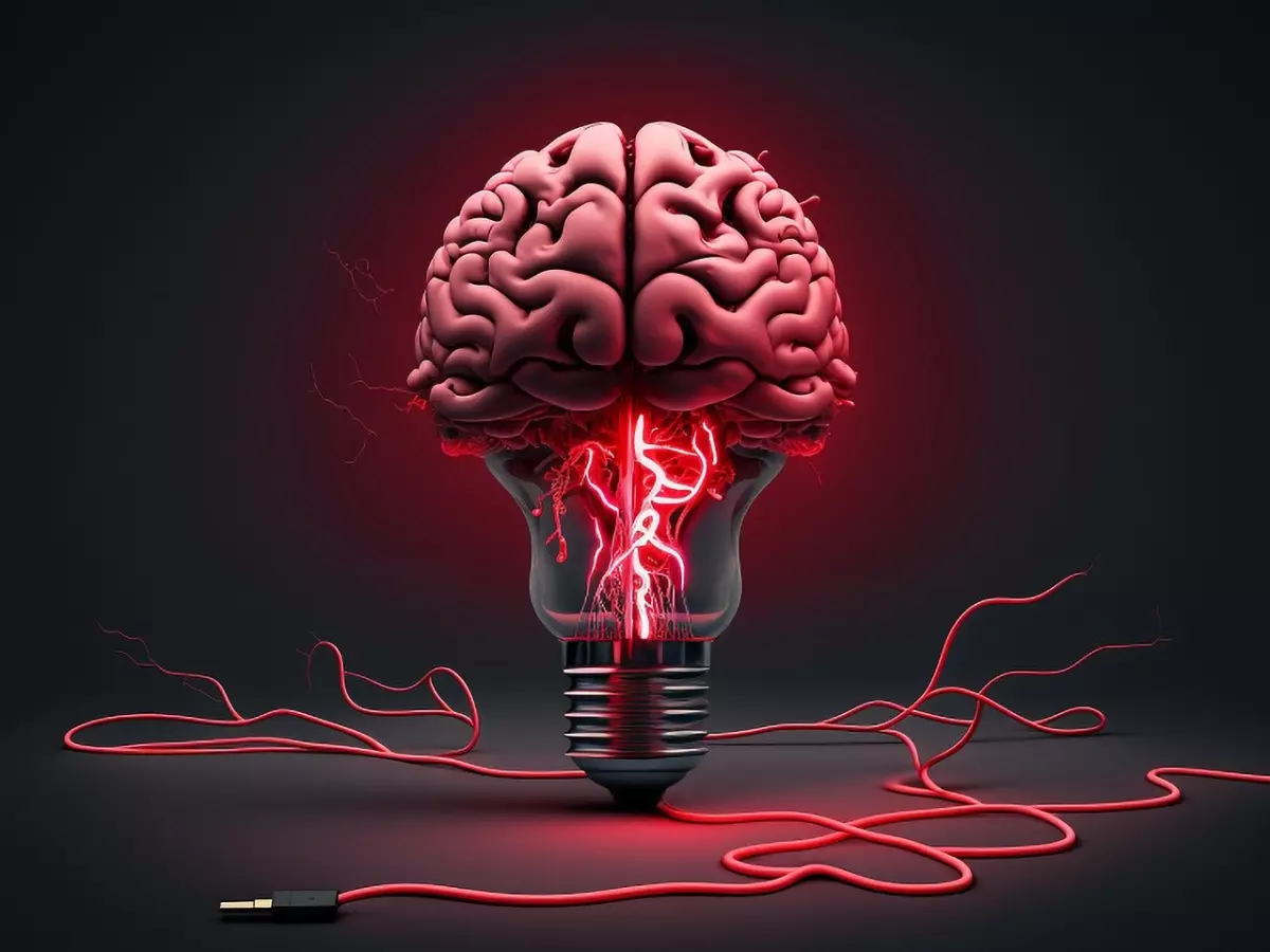 A human brain model inside a light bulb, with electric wires connected to it, on a dark background