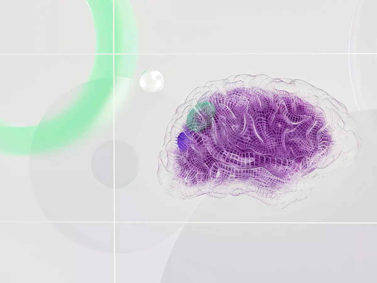 A translucent, purple brain against a white background with green and white geometric lines