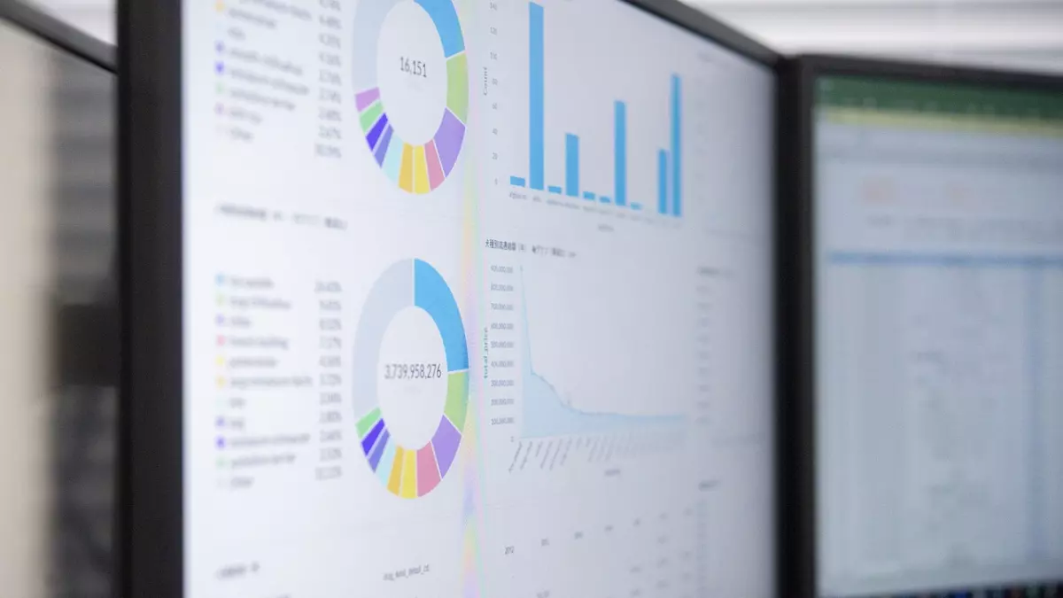 Close-up of a screen with multiple charts and graphs. Blue and white are the dominant colors.