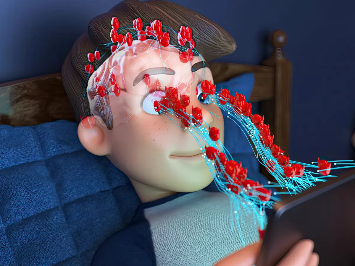 A cartoonish depiction of a person receiving treatment via a tablet and AI algorithms. Lines connected to the person's brain represent the AI interaction.