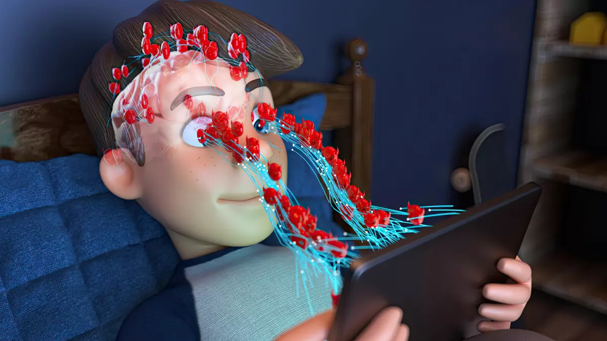 A cartoonish depiction of a person receiving treatment via a tablet and AI algorithms. Lines connected to the person