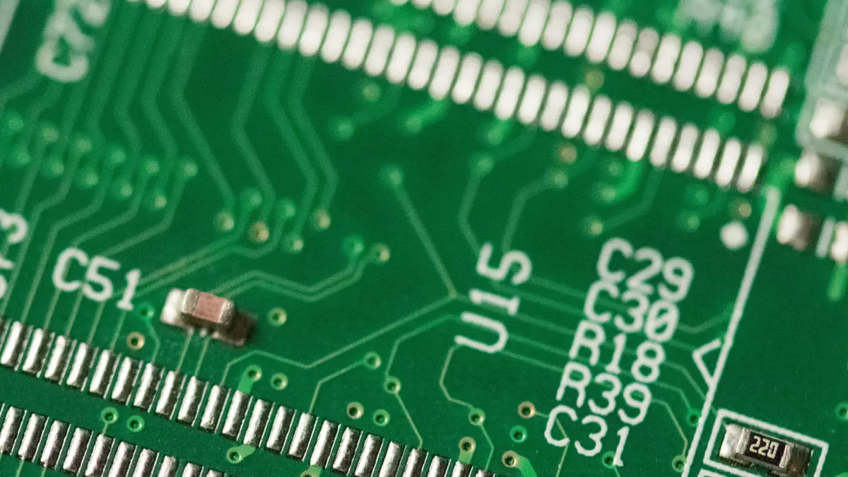 Close-up of a green circuit board with various components.