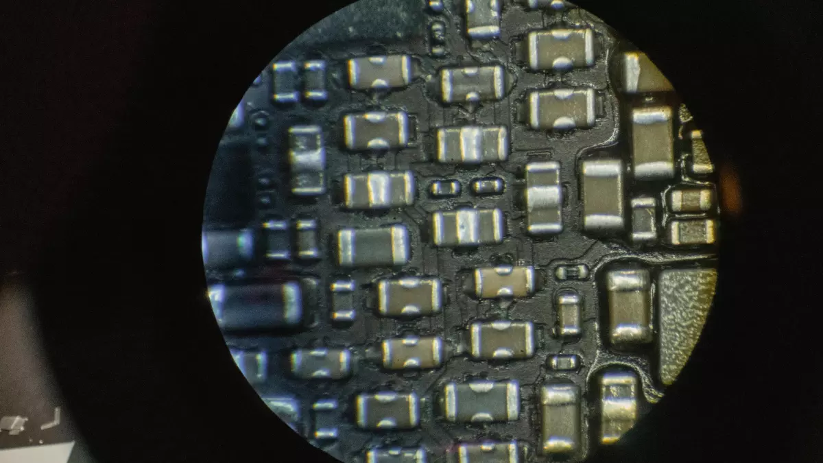 A close-up shot of a microchip, the intricate circuitry and components visible in detail.