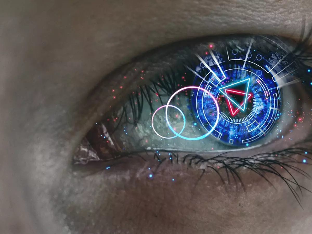 Close-up of a human eye with a futuristic design.