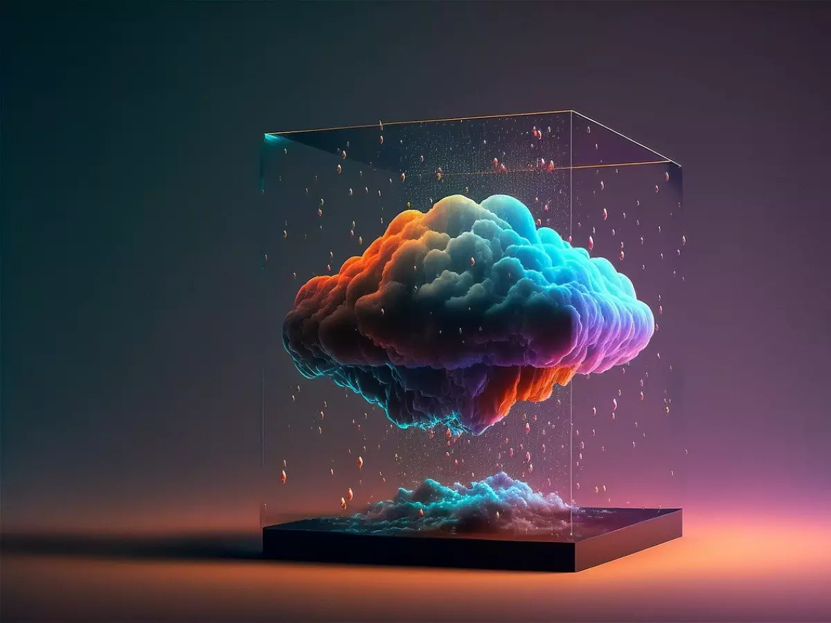 A stylized cloud rendered in vibrant colors is enclosed within a glass cube.