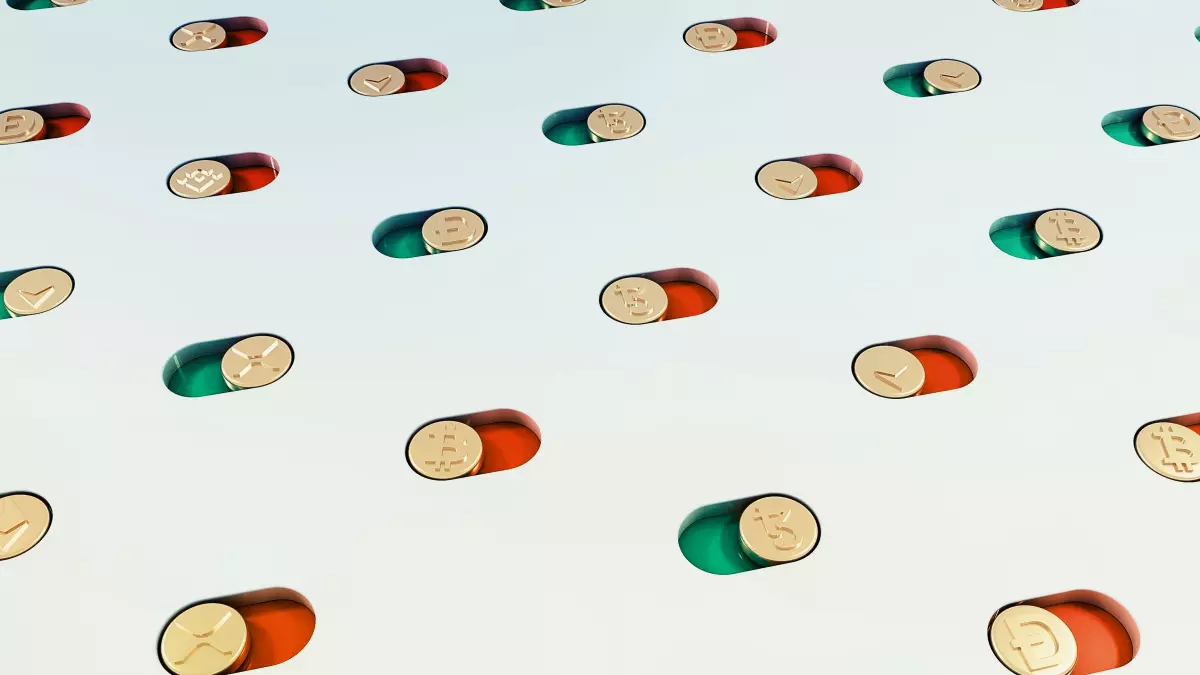 A grid of gold crypto coins arranged in a pill shape pattern on a light blue background.