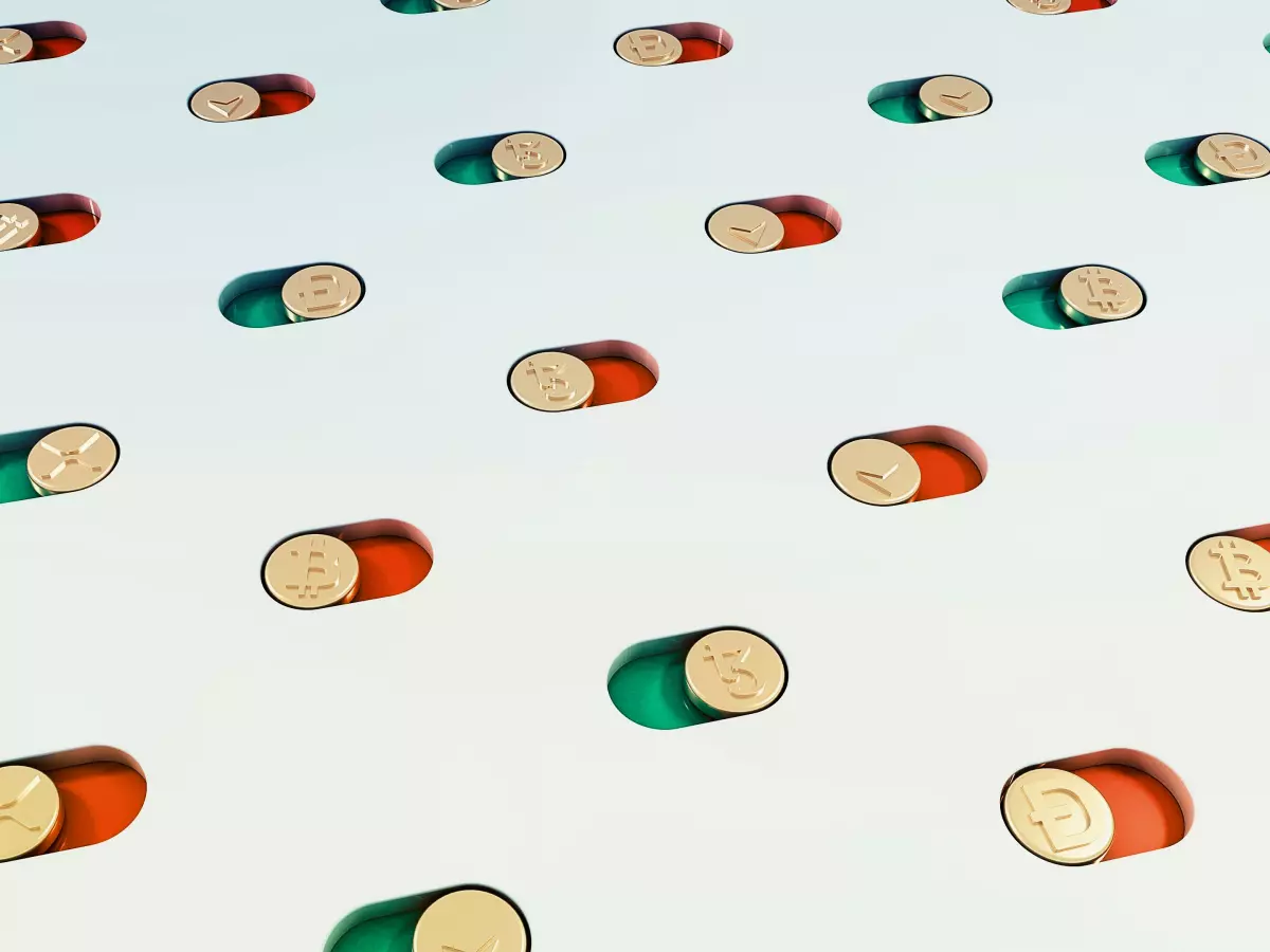 A grid of gold crypto coins arranged in a pill shape pattern on a light blue background.