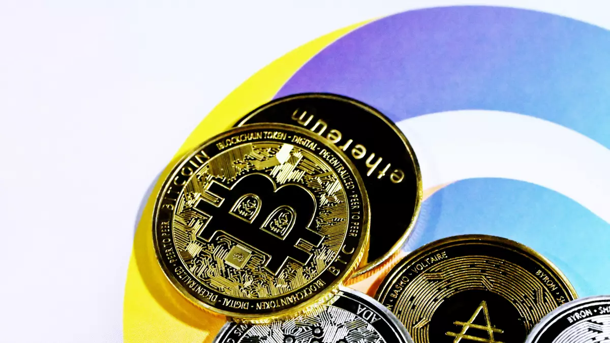 A close-up shot of various cryptocurrency coins including Bitcoin and Ethereum on a colorful background.