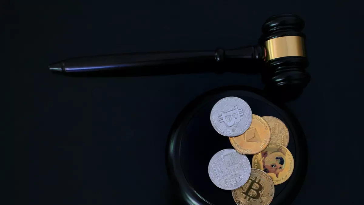 A gavel sits on a black surface, surrounded by several crypto coins, including Bitcoin, Ethereum, and others. The image has a dark and ominous tone.