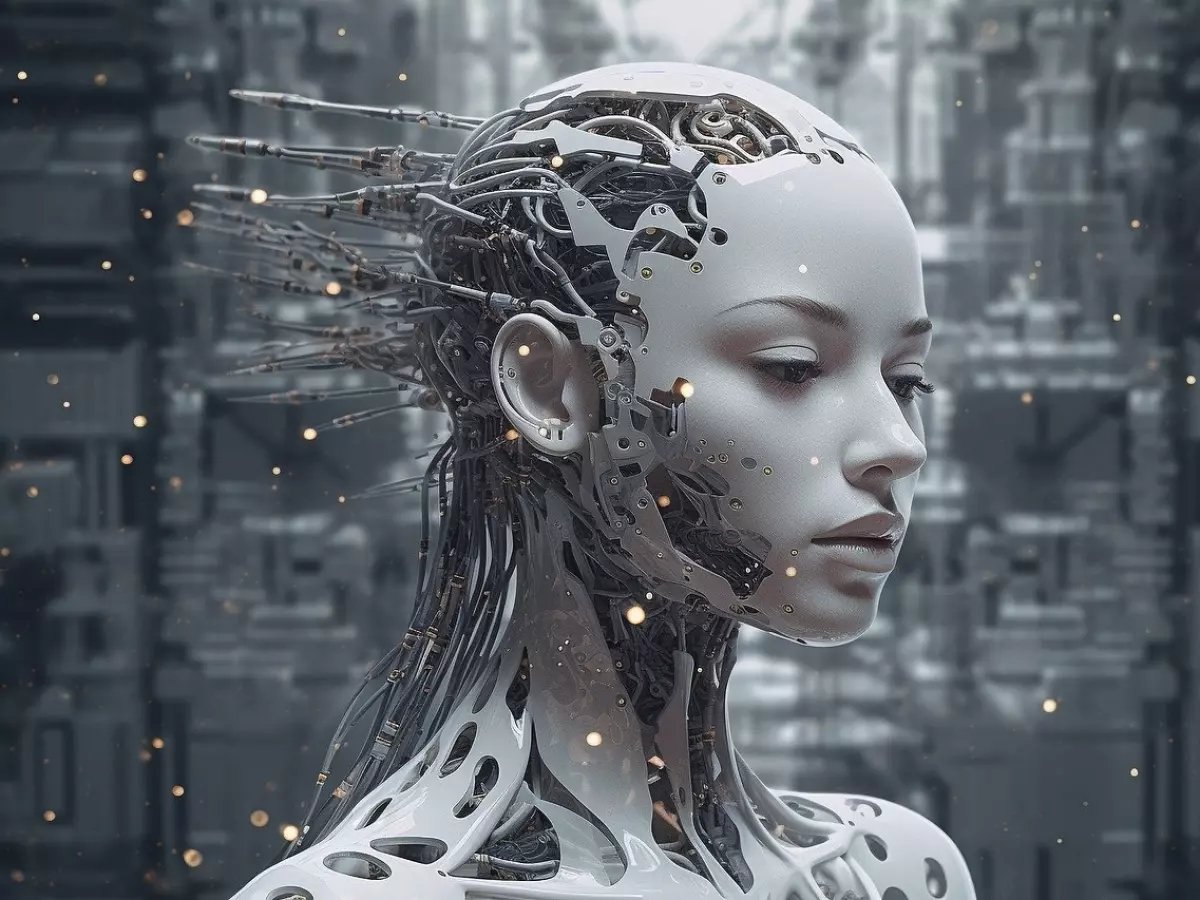 A close-up shot of a robotic humanoid head with intricate wiring, set against a futuristic background.