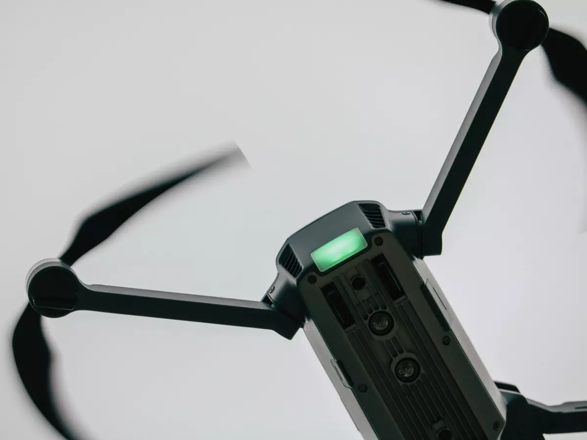 A close-up shot of a drone's blades spinning.