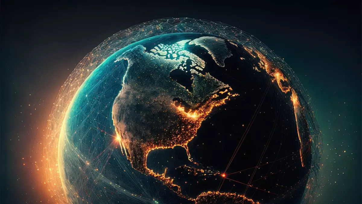 A dramatic image of the Earth with a network of lines connecting cities around the globe. The image is set against a dark background, with the bright lights of cities illuminating the planet.