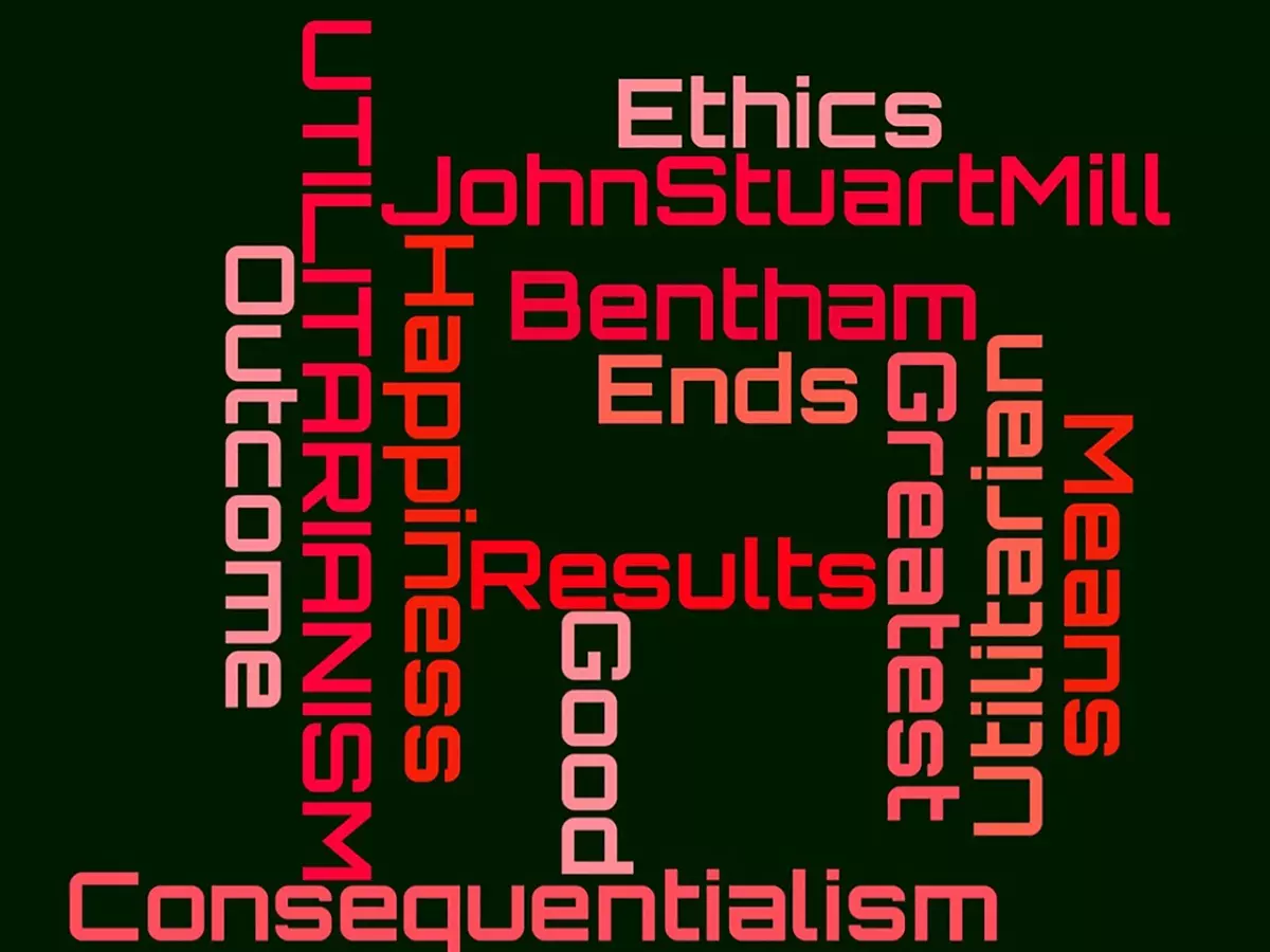 A wordcloud with terms related to AI ethics, such as "ethics", "consequentialism", "good", "results", "justified", "means", "greatest", "happiness", "outcome", "Utilitarianism", "John Stuart Mill", "Bentham", and "Ends".