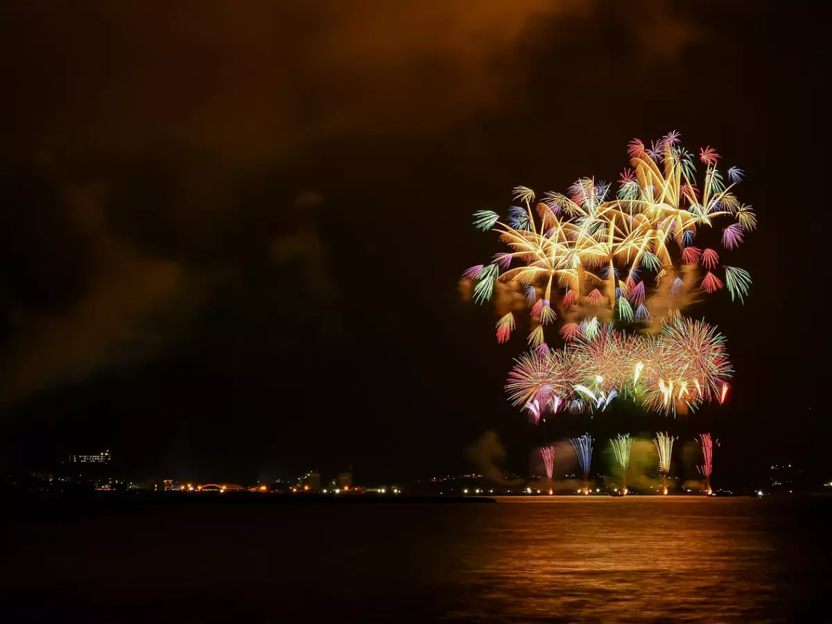 A breathtaking nighttime display of colorful fireworks exploding against a dark sky with a cityscape visible in the distance.