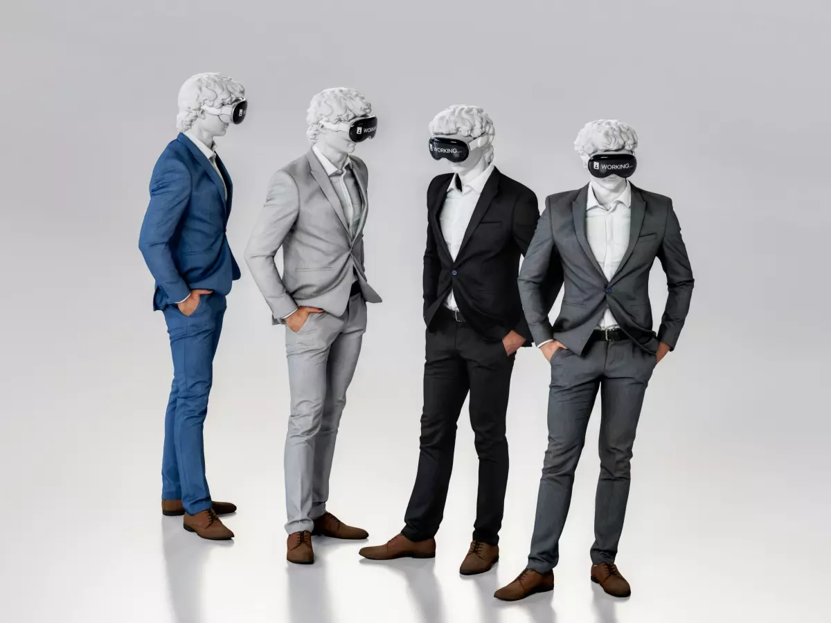 Four men in suits stand in a row with their heads replaced by white marble busts, with the men in the middle wearing AR glasses. The image is set against a white background and is very dramatic, with the bust heads contrasting sharply with the modern suits.