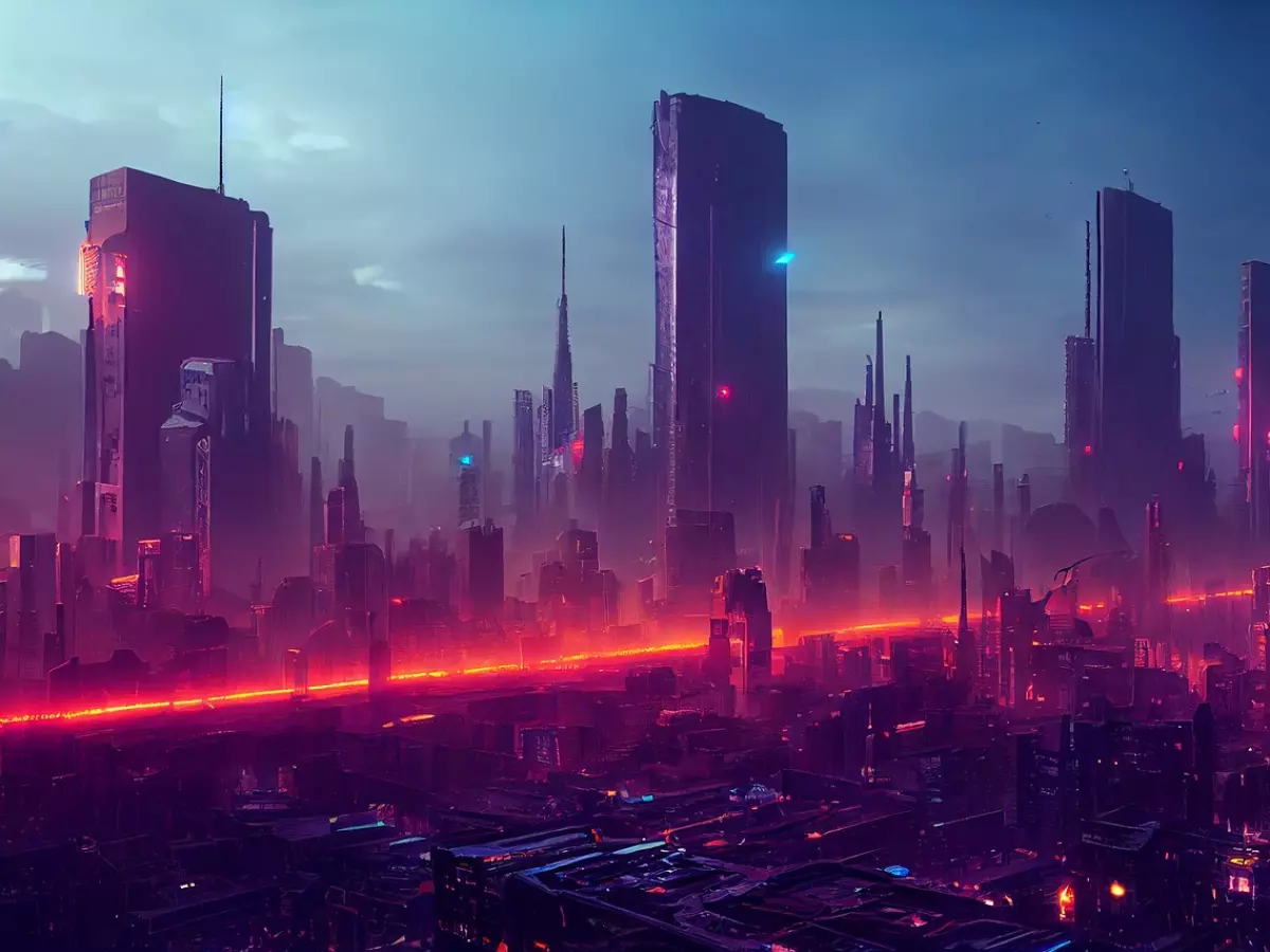 A futuristic cityscape with tall buildings, glowing neon lights, and a sense of mystery.