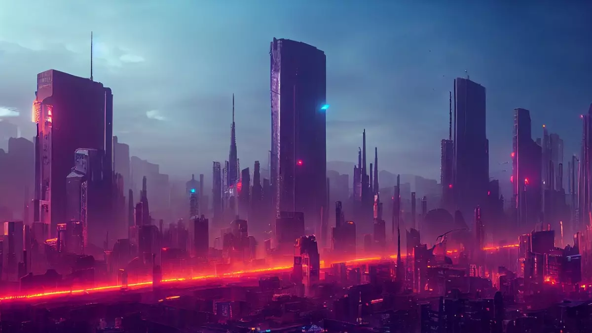 A futuristic cityscape with tall buildings, glowing neon lights, and a sense of mystery.