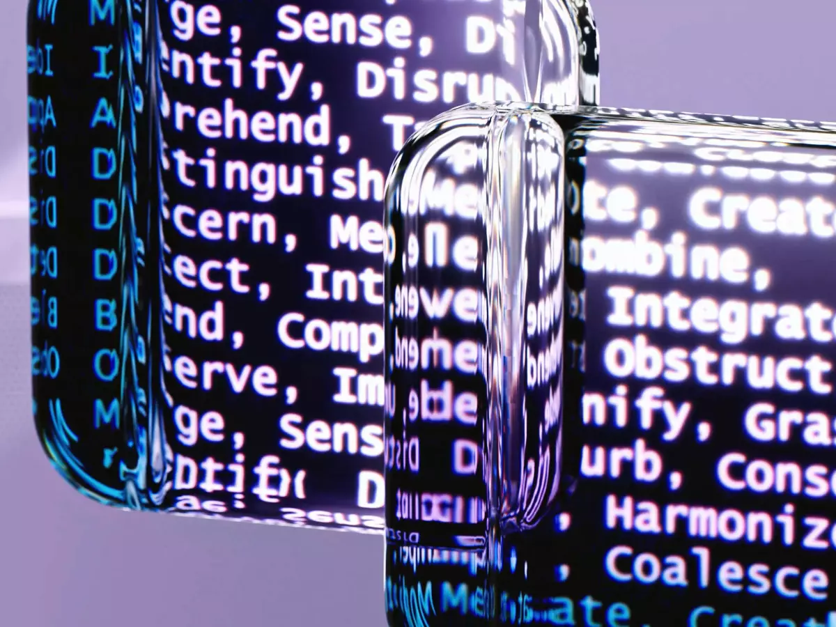 A 3D rendering of two glass blocks with words related to AI and technology printed on them.