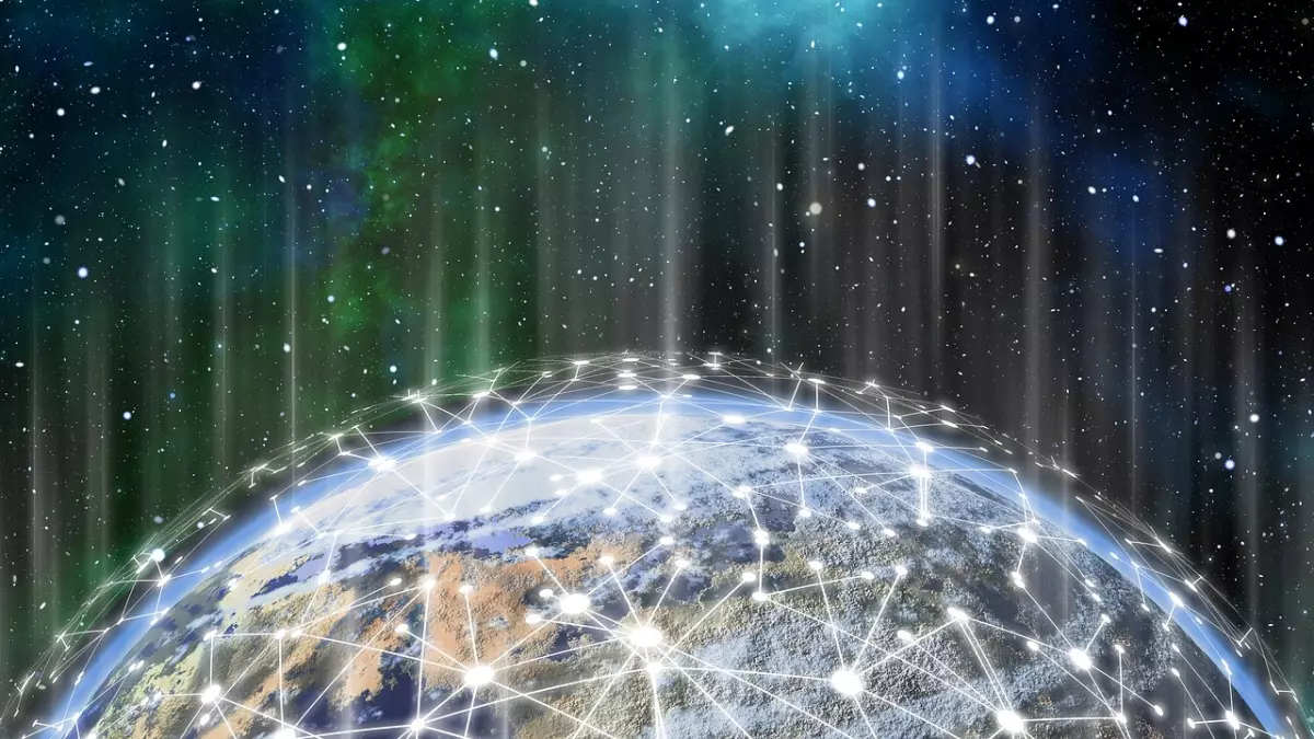 A digital representation of the Earth with a network of white lines connecting various points across its surface, set against a dark background with a starry night sky and bright lights streaming downwards.