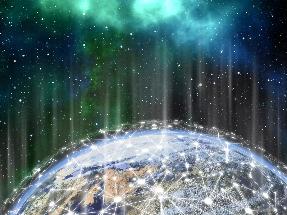 A digital representation of the Earth with a network of white lines connecting various points across its surface, set against a dark background with a starry night sky and bright lights streaming downwards.