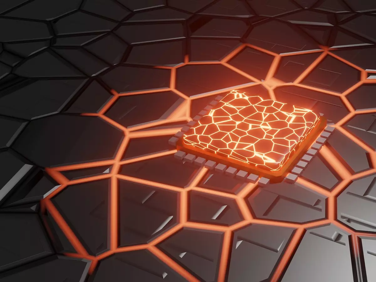 A processor chip with an orange glow, set on a dark, hexagonal background.