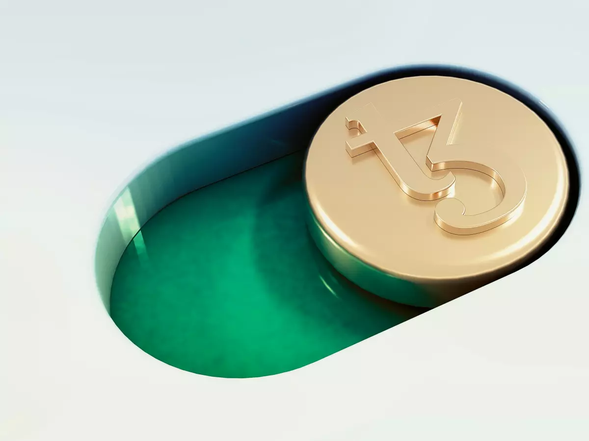 A golden coin with a blockchain symbol resting in a green-colored hole, representing the concept of blockchain technology. The background is a light blue.